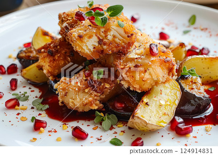 Plate of food with a variety of ingredients including chicken, potatoes 124914831
