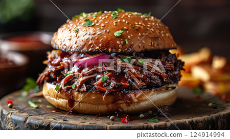 Large burger with onions and meat on top of a bun 124914994