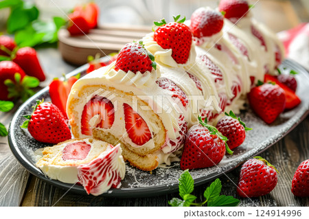 Strawberry cake with strawberries on top and a slice missing 124914996