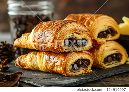 Two chocolate croissants with chocolate chips on top. 124914997