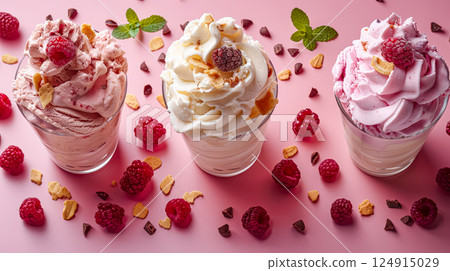 Three different flavored ice cream cups with raspberries on top 124915029