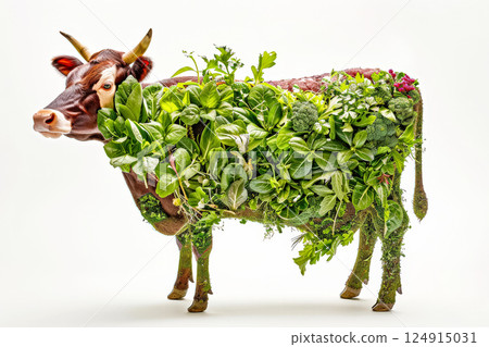 Cow is covered in green plants, giving it a unique and artistic appearance 124915031