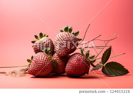 Close up of five red strawberries with gold leaf accents. 124915228