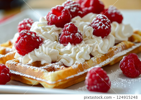Dessert with whipped cream and raspberries on top Dessert with whipped cream and raspberries on top 124915248