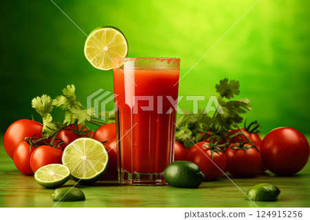 Glass of red juice with a lime slice on top is surrounded by tomatoes 124915256
