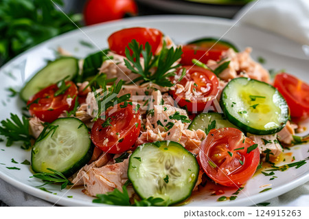 White bowl filled with a colorful salad of tomatoes, cucumbers, and fish. 124915263
