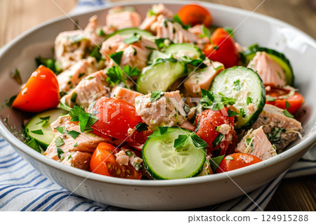 White bowl filled with a colorful salad of tomatoes, cucumbers, and fish 124915288