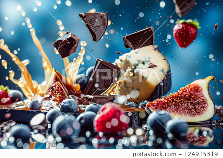 Chocolate and fruit explosion with blue sky in the background. 124915319
