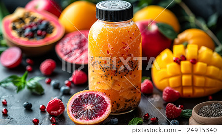 Glass bottle of orange juice with a black lid sits on a table with a variety o 124915340