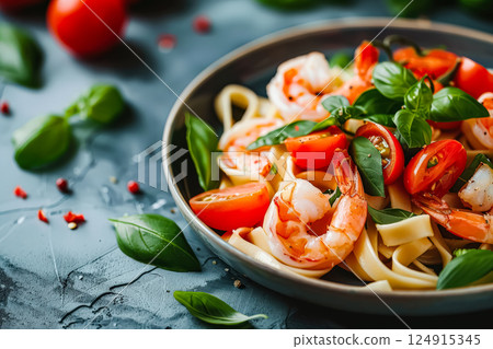 Plate of pasta with shrimp and tomatoes Plate of pasta with shrimp and tomatoes 124915345