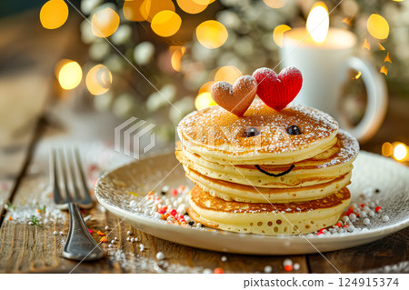 Stack of pancakes with two hearts on top of them 124915374