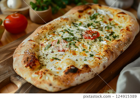 Large pizza with cheese and tomatoes on top 124915389