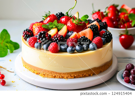 Delicious looking fruit cake with strawberries, blueberries, and blackberries Delicious looking fruit cake with strawberries, blueberries, and blackberries 124915404