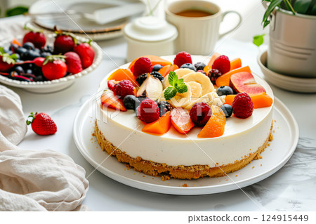 White cake with fruit on top sits on a table next to a bowl of fruit 124915449