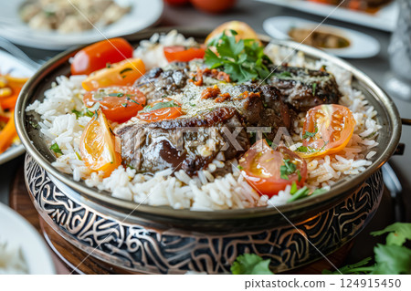 Bowl of rice with meat and tomatoes 124915450