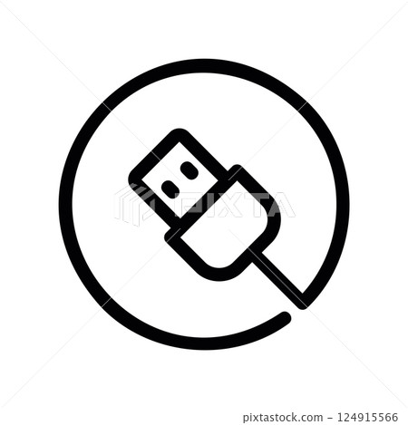 Line icon showing a universal serial bus plug inside a circle, representing a connection port symbol 124915566