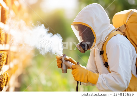 A beekeeper uses a smoker to calm bees, with white smoke swirling gracefully in the air. Hives stand in the background, basking in the gentle warmth of daylight. A beekeeper uses a smoker to calm bees, with white smoke swirling gracefully in the air. Hives stand in the background, basking in the gentle warmth of daylight. 124915689
