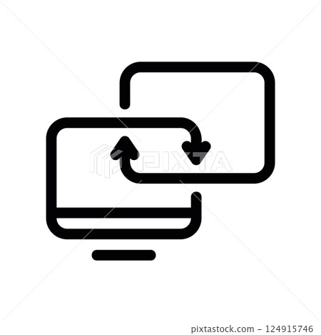 Two computer monitors syncing or transferring data between screens Two computer monitors syncing or transferring data between screens 124915746