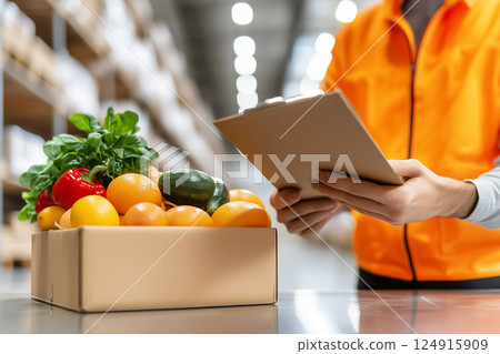 Warehouse worker checking inventory of fresh produce in cardboard box. Busy storage facility with organized shelves in background. Concept of inventory management, food distribution, agriculture. 124915909