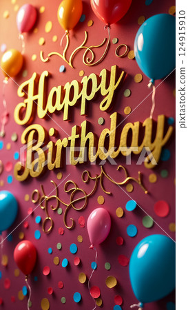 Bright decorations featuring the words happy birthday surrounded by colorful balloons and confetti create a festive atmosphere for celebrations. Ideal for use in party planning and event promotions. 124915910