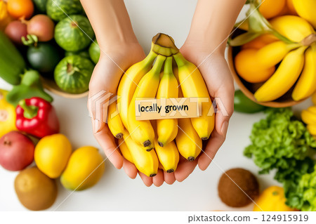 Hands gently cradle a bunch of ripe bananas marked locally grown, surrounded by a diverse display of fruits and vegetables, showcasing freshness and local agriculture. 124915919