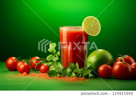 Glass of red juice with a lime slice on top 124915949
