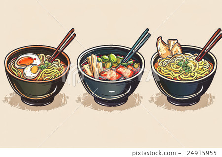 Three bowls of different types of Chinese food, including noodles, meat 124915955