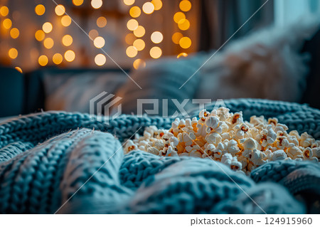Blanket with popcorn on it in a living room 124915960