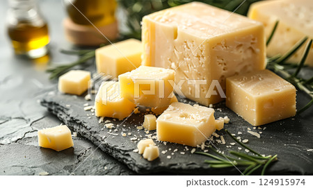 Piece of cheese is cut into small pieces and is sitting on a black surface Piece of cheese is cut into small pieces and is sitting on a black surface 124915974