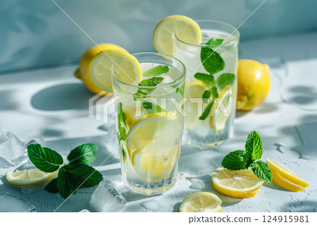 Two glasses of lemonade with ice cubes and lemon slices. 124915981
