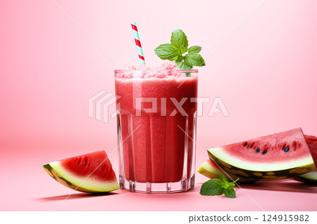 Glass of watermelon juice with a green leaf on top 124915982