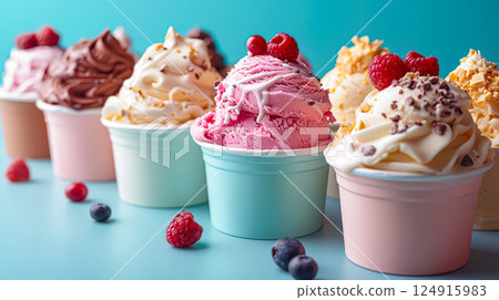 Row of colorful ice cream cups with raspberries on top 124915983