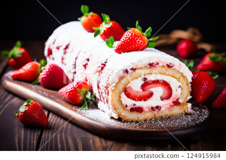 Strawberry cake with strawberries on top and a slice missing. 124915984