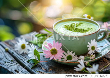 White cup with green tea and flowers on a wooden table. 124916024