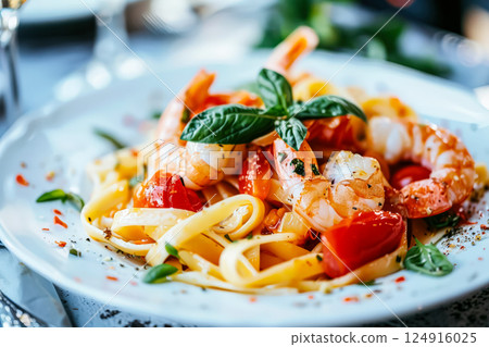 Plate of pasta with shrimp and tomatoes 124916025