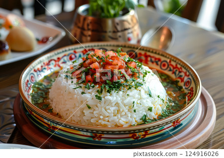 Bowl of rice with tomatoes and herbs on top 124916026