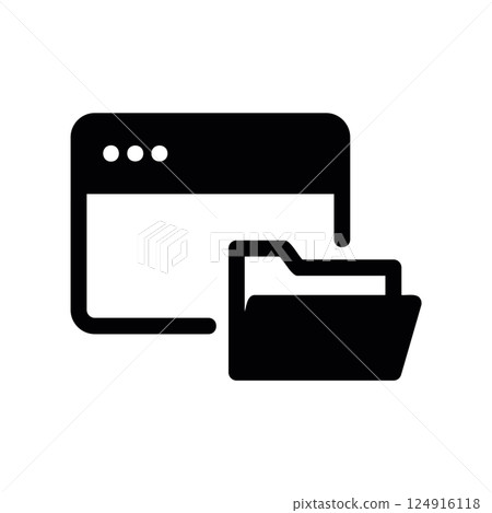 Solid black browser window icon linked with a file folder symbol 124916118