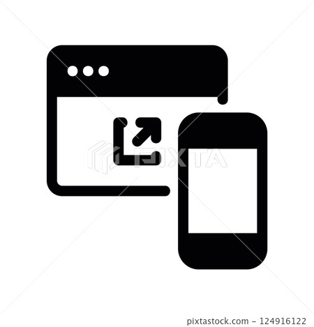 Solid black icon showing a browser window sending data to smartphone screen Solid black icon showing a browser window sending data to smartphone screen 124916122