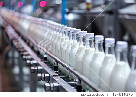 Line of milk bottles are being filled at a factory. Line of milk bottles are being filled at a factory. 124916170