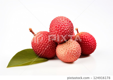 Bunch of red lychee with green leaves. 124916178