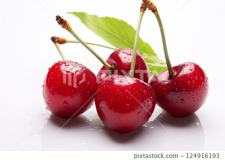 Four red cherries with green leaves on top Four red cherries with green leaves on top 124916193