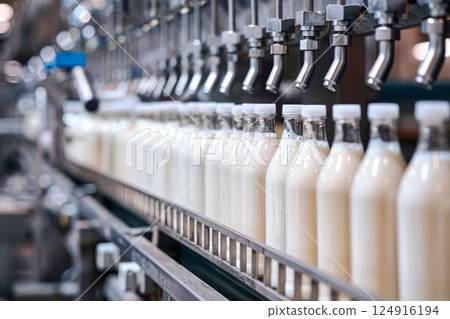 Line of milk bottles are being filled at a factory Line of milk bottles are being filled at a factory 124916194