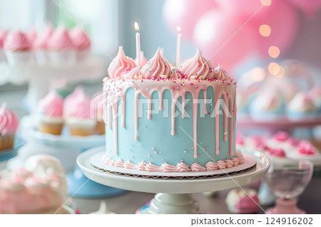 Blue and pink birthday cake with pink frosting and pink sprinkles on top 124916202