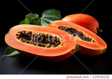 Two pieces of orange fruit with a green leaf in between. 124916216