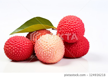 Bunch of red and white lychee with a leaf on top 124916218
