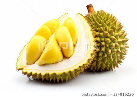Yellow fruit with a green stem and a green tip 124916220