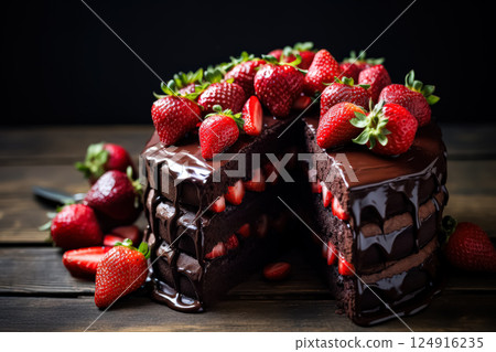 Chocolate cake with strawberries on top and a slice missing 124916235