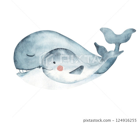 Happy Father's Day composition. Dad and baby blue whales. Watercolor Hand drawn Sea animal illustration isolated on white background. For cards, posters, children t-shirts prints. Happy Father's Day composition. Dad and baby blue whales. Watercolor Hand drawn Sea animal illustration isolated on white background. For cards, posters, children t-shirts prints. 124916255