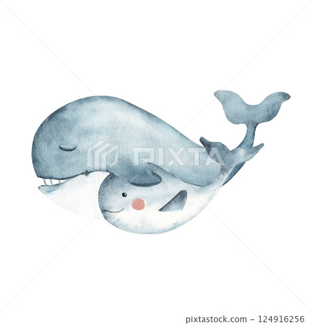 Dad and baby blue whales. Happy Father's Day composition. Watercolor Hand drawn Sea animal illustration isolated on white background. For cards, posters, children t-shirts prints. Dad and baby blue whales. Happy Father's Day composition. Watercolor Hand drawn Sea animal illustration isolated on white background. For cards, posters, children t-shirts prints. 124916256