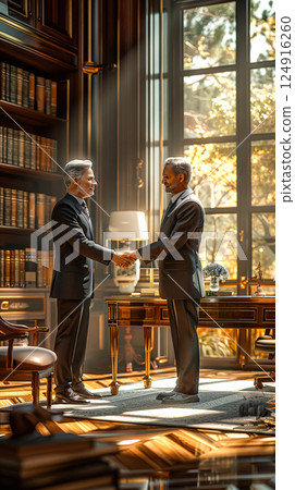 Two men shake hands in a room with a desk and a bookcase 124916260